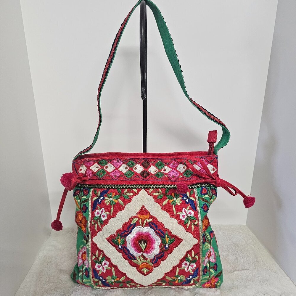 Red Green Floral Embroidered Shoulder Bag Boho Canvas Hippie Festival